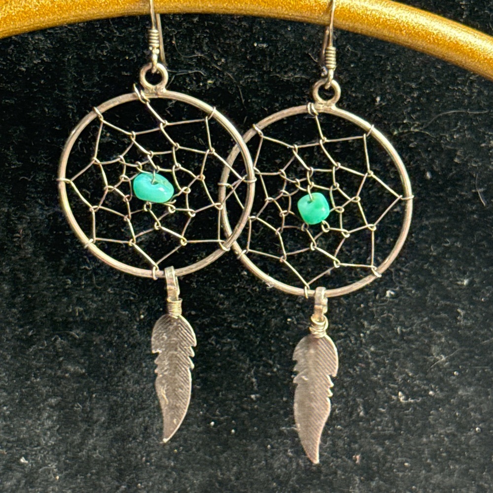 Silver tone Dreamcatcher Earrings with‎ Turquoise Accents